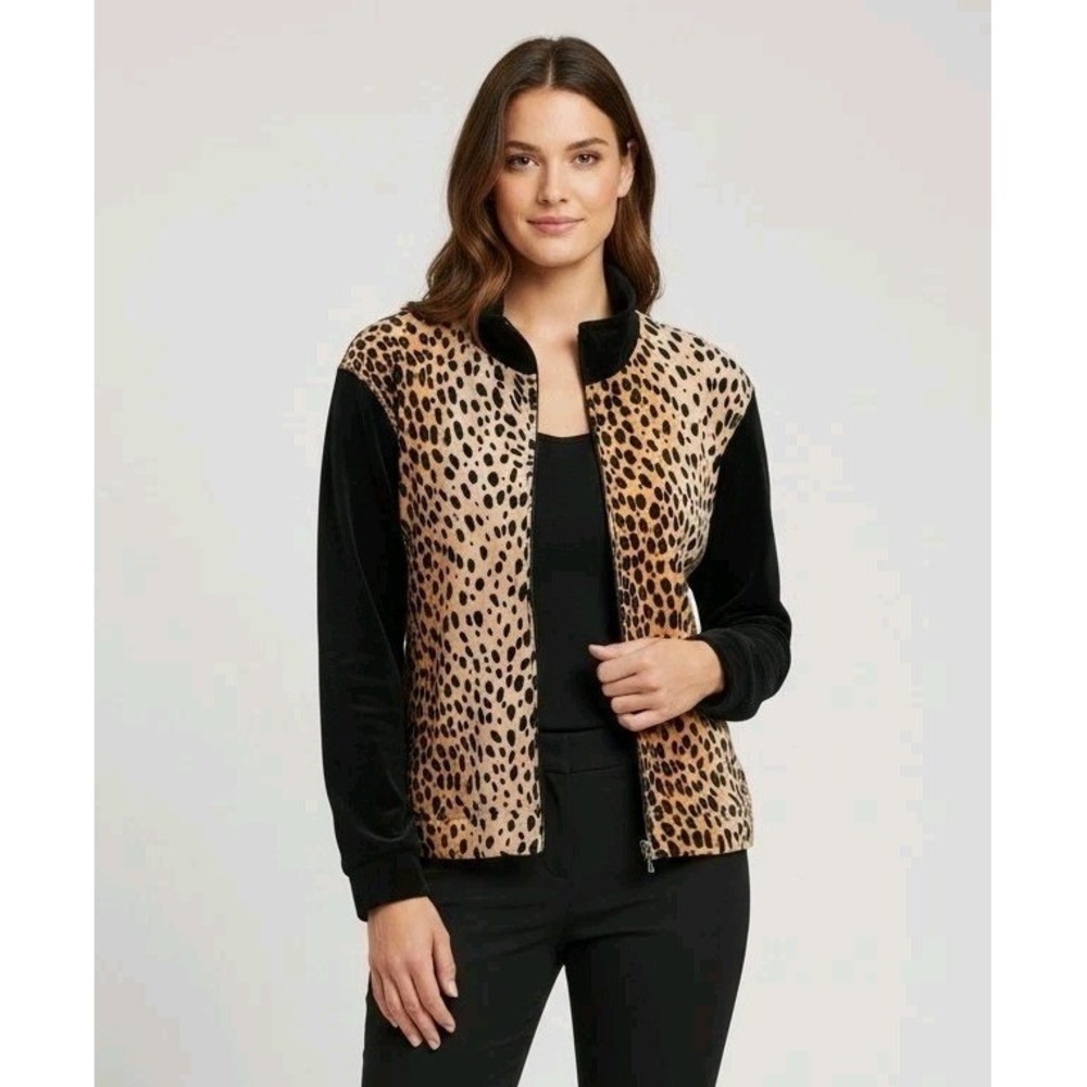 80s Jane Ashley Velvety Zip Jacket M Animal Print Leopard Cheetah Sporty Punk